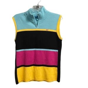 Escada Sport EUC Sleeveless Merino Wool Sweater Sz M Colorblock Preppy Mock Neck